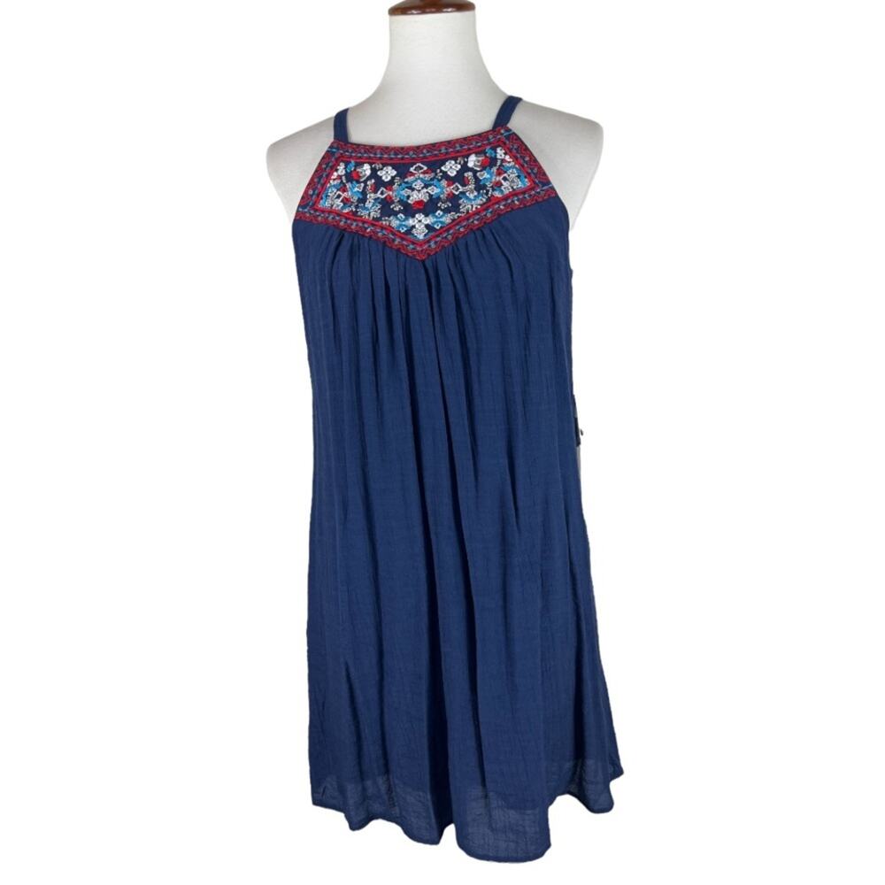 Luxology Navy Gauze Halter Dress with Embroidered Bodice and Sequins Size S